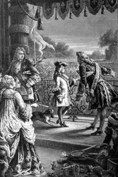 宮廷人が若き日のルイ15世（1710年-1774年）に歓喜する群衆を見せ、いつかこのすべてがあなたのものになると告げる。19世紀のエングレーヴィング。