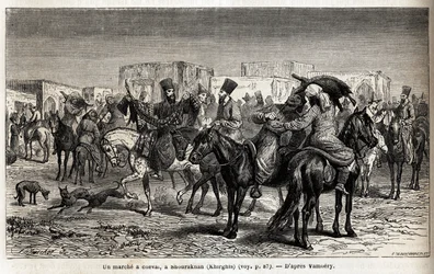 シュラクハン（キルギスまたはキルギスタン）での馬の散歩。エミール・バイヤール（1837-1891）が、1863年にアルミニウス・ヴァンベリ（ダービッシュに変装したハンガリー人科学者）が中央アジアを旅行した際に描いたもの。Edou編集の「Le tour du monde」に掲載されている図版