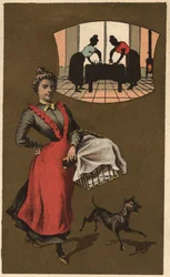 バスケットに入れた洗濯物を運ぶ洗濯機。アノニマス・クロモリトグラフィー 19世紀後半