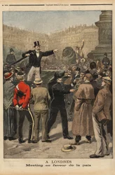 ロンドンのトラファルガー広場で行われたトランスバールでの和平会議。1899年8月9日の「Le petit journal」に掲載されたエングレーヴィング。セルバ・コレクション。