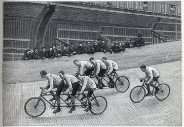 自転車競技場に設置されたトリプレットトレインに乗ったトレーナーと一緒に走る記録保持者のサイクリスト。"La Nature "のエングレービング