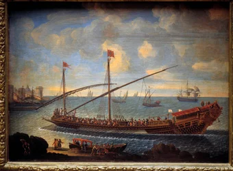 港に戻る王室のガレー船 これは1679年に建造された "Reale de France "である。17世紀の匿名の絵画。パリ、海洋博物館