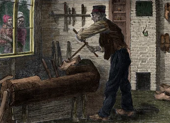 ベルギーの工房で働くサボタージュ職人（『Le journal de la jeunesse 1888』所収）。