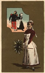 羽根つきの下僕。ハンサムな軍人の腕を夢見ている。匿名のクロモリトグラフ、19世紀後半