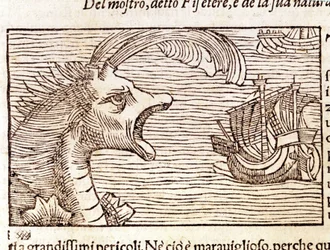 船を襲うマッコウクジラ(？)(physeter)。オラウス・マグヌス（1490〜1557）（スウェーデンの宗教家・地理学者）の版画、『Historia de Gentis Septentrionalibus』、ヴェネツィア