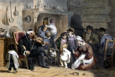 ヴァイオリンを弾く神父の周りに家族が集まっている様子。19世紀には