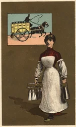 歩くミルク商人（配達、酪農）。匿名のクロモリトグラフ、19世紀後半