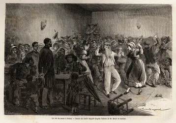 1864年にフランス中央部の火山への旅を描いたサレールの婚礼舞踏会（エドゥアール・シャルトンの指揮で出版された「Le tour du monde, nouveau journal des voyages」に掲載された版画）。