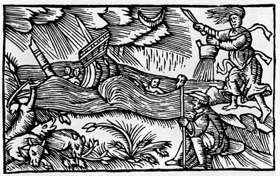 オラウス・マグヌスの "Historia de gentis nortentrionalibu "の後、魔女が嵐を起こす（1555年、ローマ