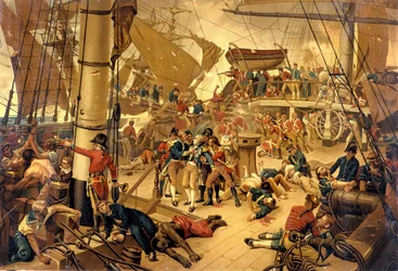 1805年10月21日、トラファルガーの戦いの際、ヴィクトリーブリッジで負傷したネルソン提督。