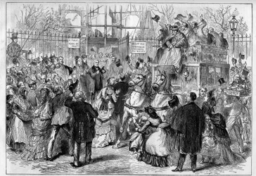 フランス共和国大統領アドルフ・ティエール（1797-1877）は、パリのサンジョルジュ広場にある自邸の建設工事を訪れ、住民に温かく迎えられた。"The Illustrious Universe "のエングレーヴィング