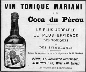 1889年の「ワイン・トニック・マリアーニ・ア・ラ・コカ・ドゥ・ペルー」（コカイン）の広告