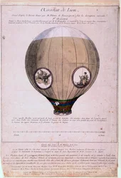 1783年頃、モンゴルフィエール兄弟（ジョセフとエティエンヌ）のモデルをもとに作られたリヨンのアエロスタット。19世紀のエングレーヴィング。パリ、B.N.