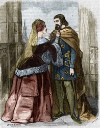 アグネス・ソレル（1422-1450）（ボーテ・シュル・マルヌの婦人）（ボーテ・シュル・マルヌ）とフランス王シャルル7世、ジュミエージュ修道院にて。19世紀のエングレーヴィング。