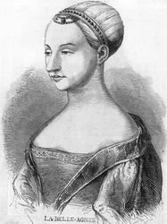 アグネス・ソレル（1422-1450）（ボーテ・シュル・マルヌの貴婦人）（ボーテ・シュル・マルヌ）、シャルル7世に寵愛された「ラ・ベル・アグネス」として知られている。19世紀のエングレーヴィング。