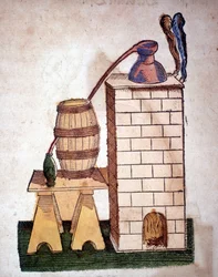 錬金術: 蒸留のための装置。Pietro Andrea Mattioli (Matthiole) (1500-1577)の本からのエングレーヴィング。フランクフルト