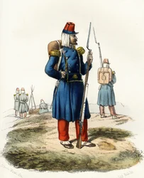 1830年のアフリカ遠征時のフランス軍の軽装歩兵「アルジェリー」。Leone Galibert著「Storia d