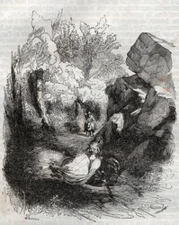 年老いた隠者から逃げるアンジェリーク（アンジェリカ）-1851年のエングレーヴィング、ルドヴィコ・アリオストの「激情のロラン」（Orlando furioso）（16世紀）より、アリオスタとして知られている-トレッサン伯爵がイタリア語から翻訳し、ギュスターヴ・ハーバードが出版した版1