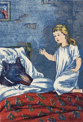 フランスの作家シャルル・ペロー（1628-1703）の物語「赤ずきんちゃん」の匿名イラスト。イメージ：Marcel Vagne、Jarville Nancy、年代不詳（19世紀後半）。