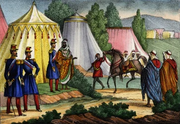 フランスのアフリカ軍の将校に馬を贈るアラブ人指導者、アルジェリア