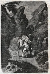 花婿の命令で襲われたアルギー-1851年の版画（ルートヴィコ・アリオスト著「激情のロラン」（Orlando furioso）（16世紀）より）アリオスタ-版はトレサン伯爵がイタリア語から翻訳し、ギュスターヴ・ハルヴァルが出版した。
