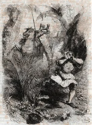 Astolphe makes Caligorant flee - 1851年に出版されたLudovico Ariostoの "Furious Roland" (Orlando furioso) (16世紀)のエングレーヴィング、通称Ariosto - Tressan伯爵がイタリア語から翻訳し、Gustave Harvardが出版した版。