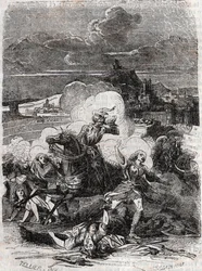 アストルプが殺人の女性を逃がす-1851年の版画、ルドヴィコ・アリオストの「激情のロラン」（Orlando furioso）（16世紀）より、アリオスタとして知られる-トレサン伯爵がイタリア語から翻訳し、ギュスターヴ・ハーバードが出版した版1851年。
