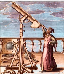 望遠鏡で空を観察する天文学者（Johannes Hevelius (1611-1687), Selenographia, sive Lunae descriptioより）。
