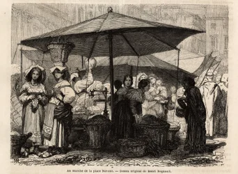 ローマ（イタリア）、ナヴォーナ広場のふもとにて。フランシス・ウェイが1864年から1868年にかけて行ったローマへの航海を描いた版画で、エドゥアール・シャルトンの指導のもと「Le tour du monde, nouveau journal des voyages」に掲載されています。