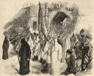 1857年にポルトガルのリスボンで行われた黄熱病停止のための贖罪の行列。1857年の "Le Monde illustrious "に掲載された版画。個人蔵。