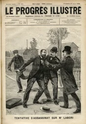 アルフレッド・ドレフュス（1859-1935）の弁護を担当した弁護士フェルナン・ラボリ（1860-1917）氏への襲撃事件、レンヌで裁判会場に向かう途中、背中に銃弾を受けた。1899年8月の「The Progres Illustré」の表紙（エングラヴィ