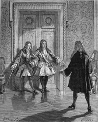 1718年8月：メイン公（ブルボン家のルイ・オーギュスト（Louis-Auguste））（1670-1736）の通路を塞ぐサン・シモン（Saint-Simon）（ルイ・ド・ルーヴロワ（Louis de Rouvroy）公）（1675-1755）。19世紀のエングレーヴィング。ジュール・ミシュレ著「フランス史」に掲載