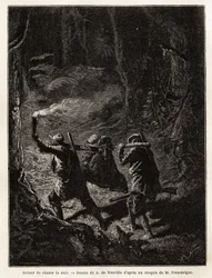 夜の狩りの帰り、獲物の熊が縛られ、狩人が肩に担いだ枝に吊るされている。1851年から1852年にかけて、M.Pousselgueが「le tour du monde」に掲載した「Quatre mois en Florida」という物語を説明するためのエングレーヴィング。