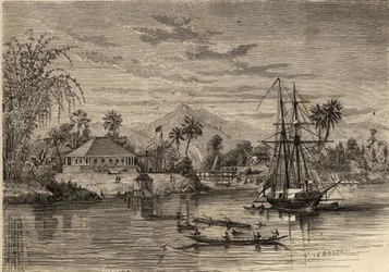 バンガロー、サラワクのラジャとして知られるジェームズ・ブルック卿の故郷（1803-1868）イギリスの冒険家で、サラワク（ボルネオ島）周辺のサラワクの初代白人ラジャ。1857年の "Le Monde illustrious "に掲載された版画。個人蔵。