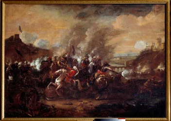 ウィーンの戦い：「1683年9月のトルコ人によるウィーン包囲網の解除」ジョン3世ソビエスキー、レオポリド1世、シャルル・オブ・ロレーヌ率いるキリスト教連合軍の勝利。17世紀の無名の絵画。ナンシー、歴史博物館