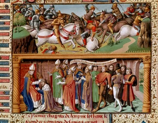 戦闘場面とズップリンブルクの皇帝ロタール2世（または神聖帝国のロタール3世、神聖ローマ皇帝）（1075-1137）の戴冠。ヴァンサン・ド・ボーヴェ（11）による『歴史の鏡』（スペクルム・ヒストリアレ）（写本1196、245葉表）の細密画