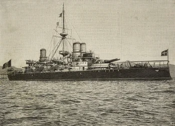 帆を張る戦艦サルデーニャ（イタリア）、コンティ・ヴェッキの写真からのエングレーヴィング（『L