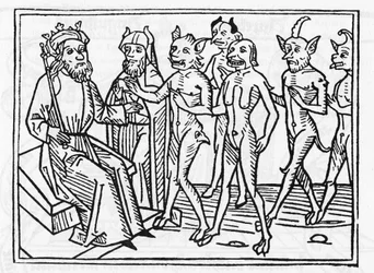 ベリアルの裁判：「四人の悪魔を伴う悪魔ベリアルが、裁判官ソロモンの前に現れる。」ヤコブス・デ・テラモ（またはパラディーノ）著『ベリアルの裁判』より、アウクスブルクの版画