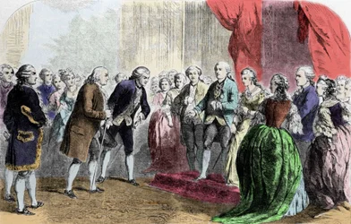 ベンジャミン・フランクリン（1706-1790）、哲学者、物理学者、アメリカ大使、フランス国王ルイ16世に謁見（2月6日）。