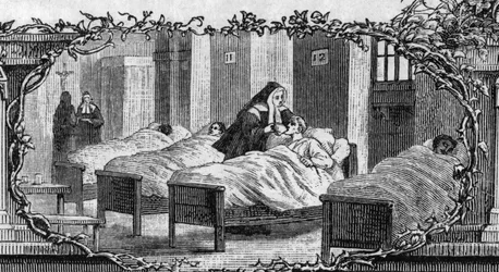 病人の世話をする修道女の服を着たベルナデット・スービロウス（1844-1879）。