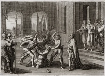 ローヤルモンの聖書、旧約聖書。アガグが救った。サウルは、神の命令に反して、アマレク人の王アガグを助けました。神は、アガグを殺すことでサウルの過ちを修復したサムエルによって、彼の怒りを証言させます。1811年のイラスト。