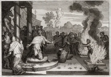 ローヤルモンの聖書、旧約聖書。穢れた王アハズ。ユダの王である邪悪なアハズは、神を怒らせ、敵に引き渡される。1811年のイラスト。