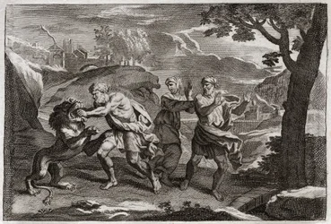 ロワイヨの聖書、旧約聖書。サムソンの誕生。ライオンを切り裂くサムソン。1811年のイラスト。