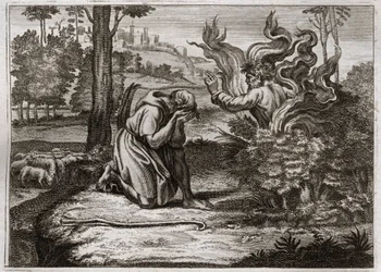 ローヤルモンの聖書、旧約聖書。燃える柴。神は燃える柴の中からモーセに語りかける。1811年のイラスト。