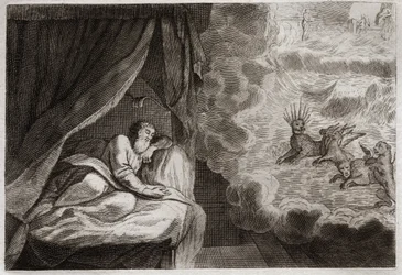 ローヤルモンの聖書、旧約聖書。ダニエルが見たアッシリア、ペルシャ、ギリシャ、ローマの4つの君主制について。彼らは4つの怪物を見る。ハニエル、カフジエル、アズリエル、アニエル。1811年のイラスト。