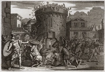 ローヤルモンの聖書、旧約聖書。アビメレクの死。アビメレク(Abimelec or Ahimelech or Ahimelek)は、テベッツの包囲戦で、石をぶつけた女に殺される。1811年のイラスト。