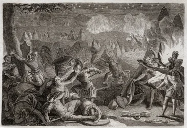 ローヤルモンの聖書、旧約聖書。ラッパの音とランプの明かりによるミディアン人の敗北。1811年のイラスト。