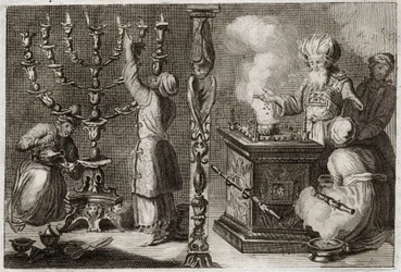 ローヤルモンの聖書、旧約聖書。幕屋の黄金の燭台には7つの枝がある（メノーラ）。1811年のイラスト。