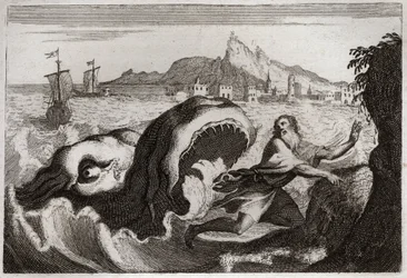 ローヤルモンの聖書、旧約聖書。クジラの中のヨナ預言者ヨナはクジラの中で生き、生きて帰ってくる。1811年のイラスト。