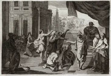 ローヤルモンの聖書、旧約聖書。ファラオの前のモーセ。モーセはファラオに、ヘブライ人が主に捧げ物をするために砂漠に行くことを許可してもらう。1811年のイラスト。